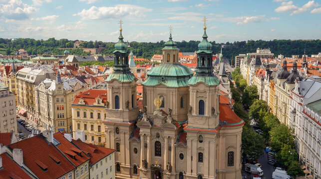 Historic Baroque Church Above Red Rooftops in Prague, Czech Republic