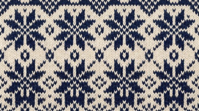 Nordic snowflake pattern knitted fabric with navy blue and cream yarn for winter apparel design