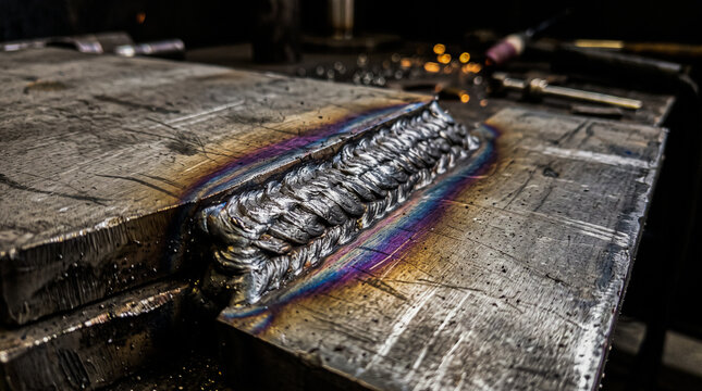 close up of intricately welded titanium seams joining thick metallic plates showing delicate heat burns and heavy overlapping metallic bead textures from industrial welding