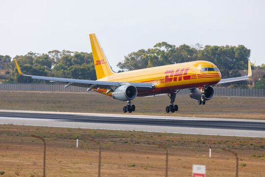 Luqa, Malta - August 21, 2026: DHL Air Austria Boeing 757-223(PCF) (REG: OE-LNQ) arriving from Milan as flight number QY7922.