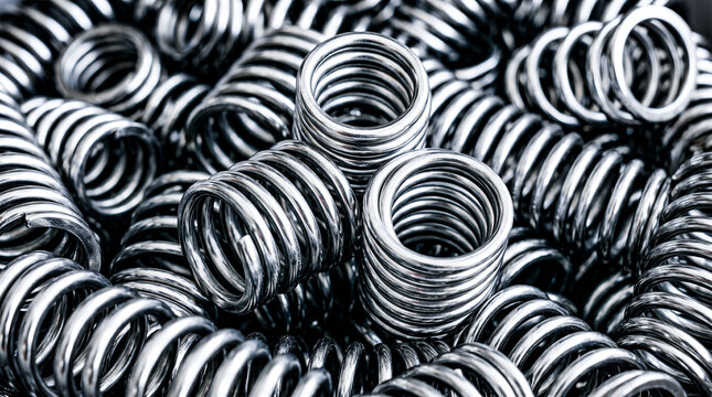 macro shot of coiled steel springs closely packed together displaying polished silver spirals and smooth cylindrical curves creating a mesmerizing industrial mechanical visual