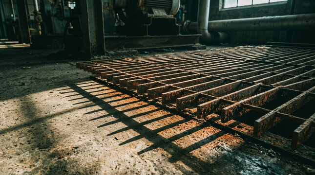 detail of a rusted steel grating casting sharp diagonal shadows across a concrete floor revealing the intense heavy industrial nature of the abandoned manufacturing facility
