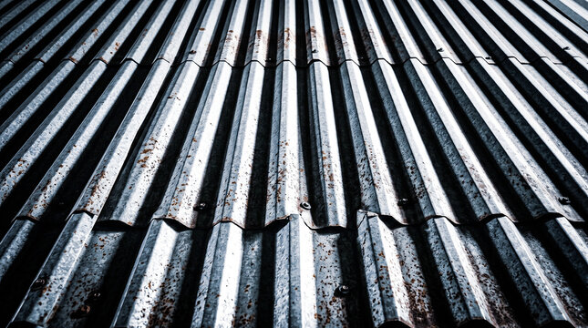 close view of corrugated tin roofing sheets overlapping to form uniform vertical ridges and valleys marked with subtle oxidation spots under stark harsh fluorescent lighting