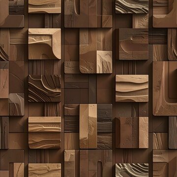 3D abstract brown wooden seamless pattern with volumetric geometric blocks and wall tiles