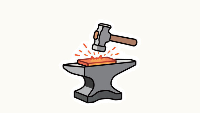 Cartoon blacksmith hammering glowing hot metal on anvil with sparks flying