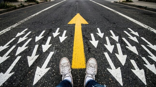 Person standing on road with yellow arrow and white arrows