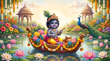 Fototapeta premium Baby krishna sitting in boat on lotus pond