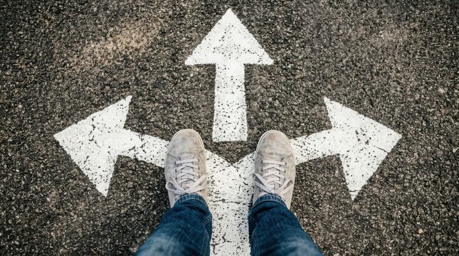 Person standing at a crossroads with three painted direction arrows