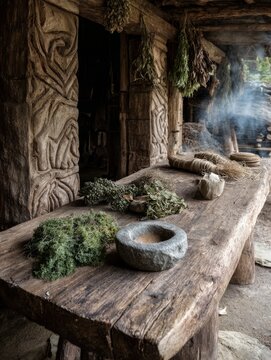 Ancient Celtic Apothecary Table With Herbs Natural Dyes and Remedies