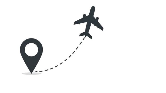 Airplane Travel to Destination: A simplified graphic illustrates an airplane embarking on a flight path, indicated by a dotted line, originating from a location pin, symbolizing travel and journey.