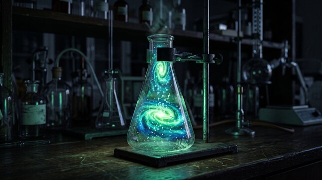 Laboratory flask with swirling galaxy effect in a dark lab setting  