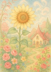 Fototapeta premium Whimsical floral cottage landscape