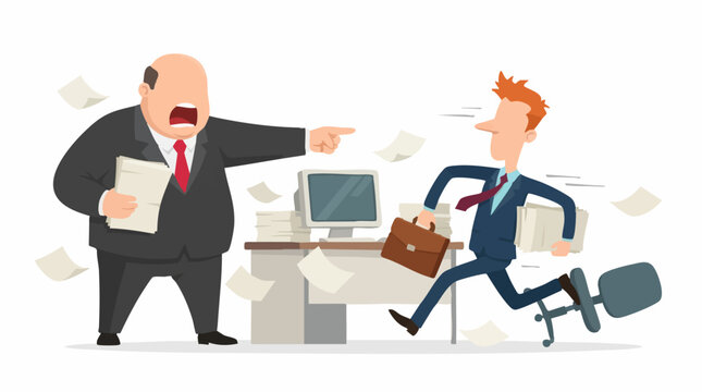 Angry boss yelling and pointing at stressed employee running away in chaotic office