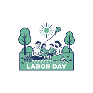 Family having a Labor Day picnic in park, flat vector illustration
