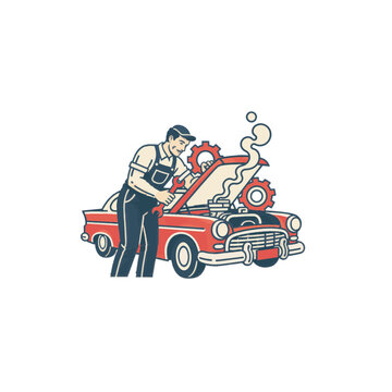Mechanic working on vintage car engine with gears