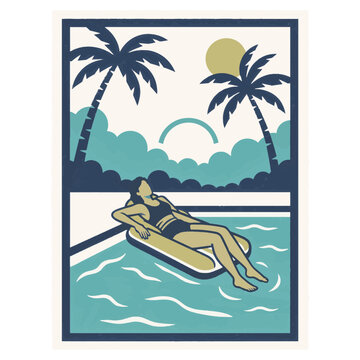 Woman relaxing on inflatable raft in swimming pool with palm trees