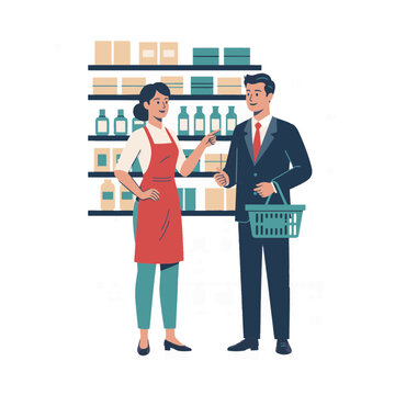 Retail worker helping customer in store aisle with shelves