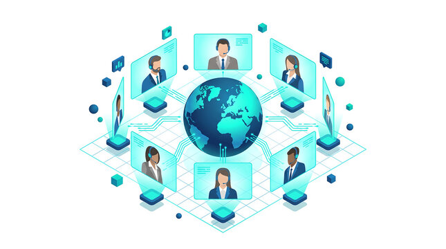 Recruiter interviewing remote job applicants globally via virtual video conference platform on isometric world map background