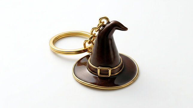 An elegant dark brown metallic witch hat keychain accessory featuring a gleaming gold trim and a sturdy metal ring for secure daily key storage
