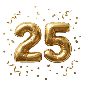 Ballons en aluminium dor&eacute;s en forme de nombre 25 isol&eacute;s sur un fond blanc avec des confettis et des serpentins pour une c&eacute;l&eacute;bration d'anniversaire ou un jubil&eacute; festif
