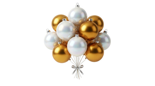 Un bouquet festif de boules de No&euml;l dor&eacute;es et blanches brillantes, assembl&eacute;es comme des ballons avec des fils argent&eacute;s, isol&eacute;es sur un fond blanc pur pour une d&eacute;coration &eacute;l&eacute;gante.