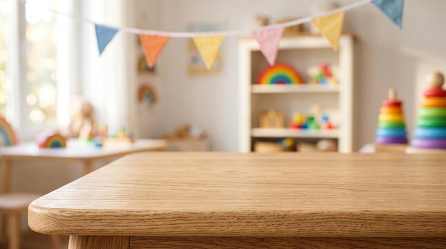 Wooden table surface in blurred playroom, empty wood tabletop for product display in nursery, bright kindergarten classroom background with colorful bunting and toys