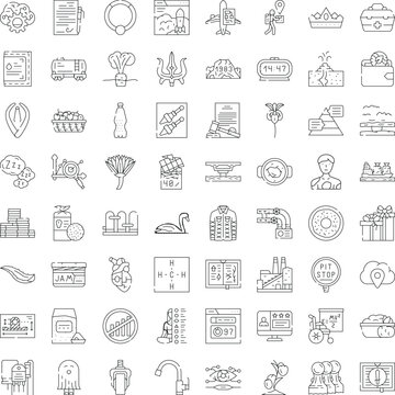 Diverse set of linear icons illustrating various concepts from business, finance, food, education, travel, health, and natural elements for web and user interface design