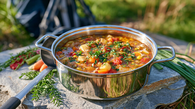 Close view of a stainless steel camping pot filled with freshly prepared soup, placed on a flat stone in a forest clearing, ladle, herbs and vegetables nearby, hiking backpack softly blurred behind,
