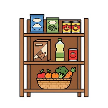 Illustration of a community food pantry shelf with groceries and fresh produce