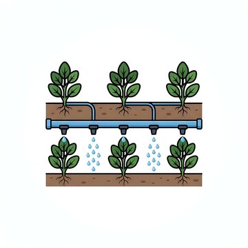 Drip irrigation system vector illustration showing water supply to crop plants