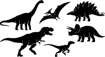 Silhouettes of various prehistoric dinosaurs depict extinct reptiles against a white background dinosaur © Shahariya