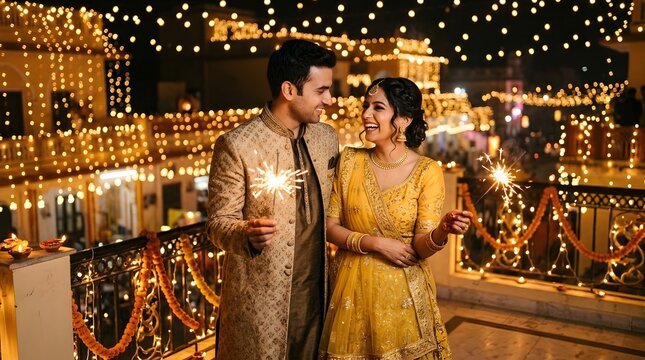 Happy indian couple celebrating diwali with sparklers on a balcony