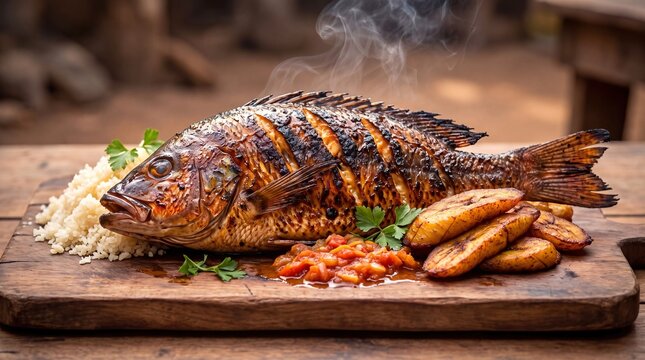 Traditional Ivorian Poisson Braise Grilled Whole Fish Served with Attieke and Fried Plantains