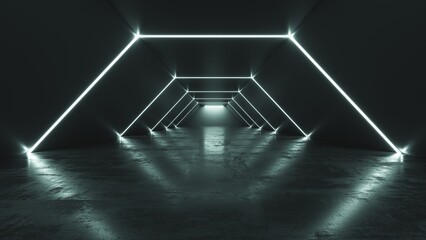 Naklejka premium Dark futuristic tunnel corridor with bright neon lights 3d rendering
