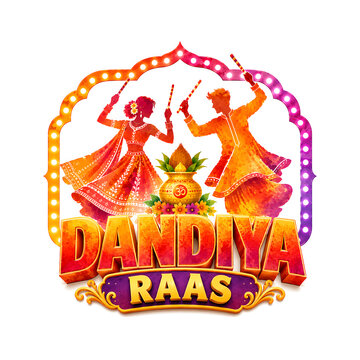Golden Yellow Dandiya Raas Text with Gujarati Folk Dance Vector Elements
