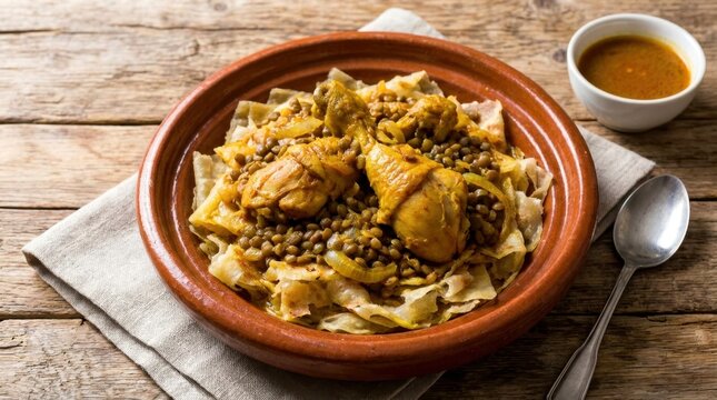 Traditional Moroccan Rfissa Chicken Stew Served with Lentils and Torn Flatbread on Wood