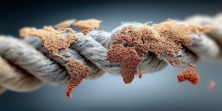 World map continents formed by tiny particles on a thick rope