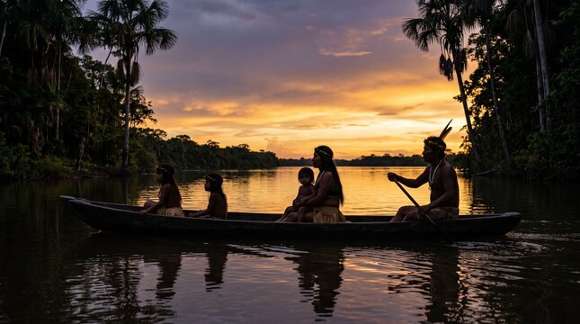 Family riding a wooden canoe on a river in the jungle at sunset