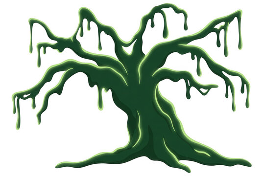 Illustration d'un arbre vert effrayant et noueux avec de la substance visqueuse d&eacute;goulinant de ses branches, isol&eacute; sur fond blanc pour Halloween.