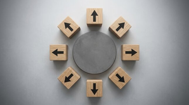 Wooden blocks with arrows pointing towards a central circle