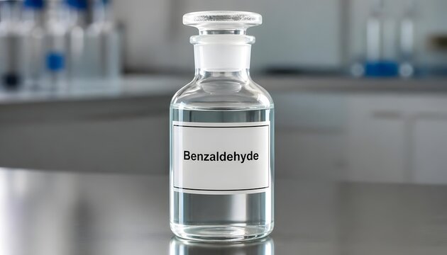 Glass reagent bottle with Benzaldehyde chemical compound in a laboratory setting.