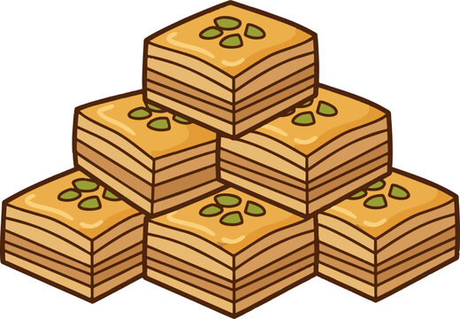 Golden baklava pastry stack illustration featuring layered nuts and honey glaze