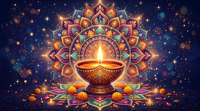 Diwali diya lamp with colorful mandala and marigold flowers