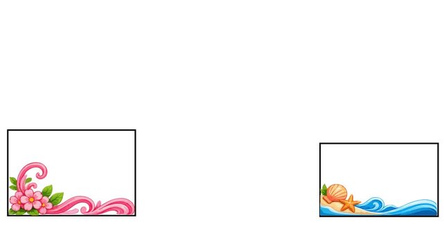 Playful animated bottom border featuring floral ornaments, flowing waves, rainbow accents, botanical leaves, and cloud elements, suitable for children's educational videos, presentations, crafts