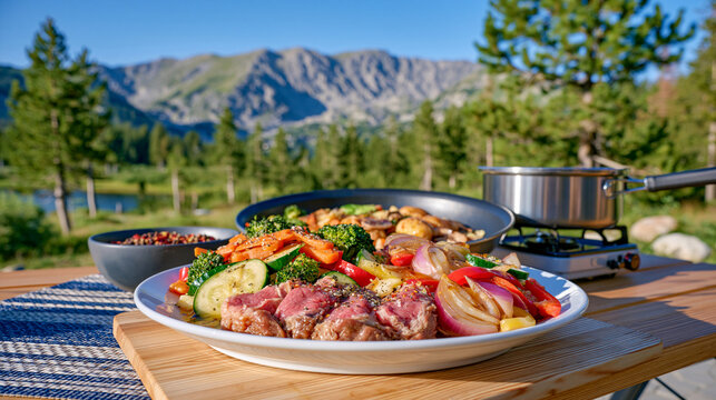 Outdoor cooking scene with sliced meat, vegetables and spices prepared on a rustic wooden camping table, metal pot and portable stove nearby, pine forest and dramatic mountain ridge behind, late aft