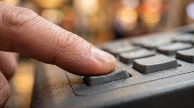 Close up of a thumb pressing a button on a voting machine or electronic keypad device.