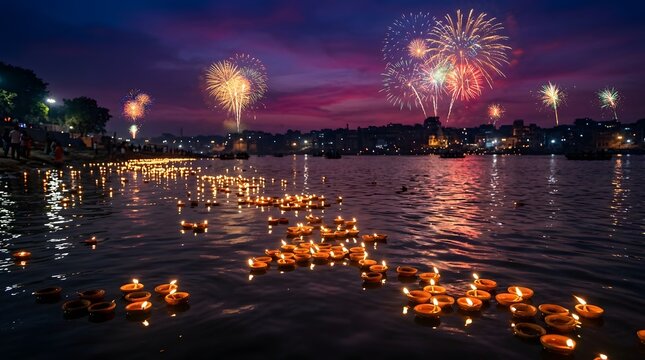 Diwali festival celebration with floating diyas and fireworks over river