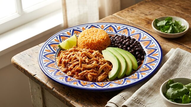 Traditional mexican shredded beef plate with rice black beans and fresh sliced avocado on table. Chicken tinga