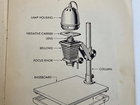 Vintage technical diagram showing parts of photographic darkroom enlarger equipment for film processing and printing