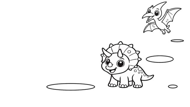 Animated black and white dinosaur cartoon characters designed for children's coloring book content, educational videos, preschool learning, classroom activities, storytelling, printable resources